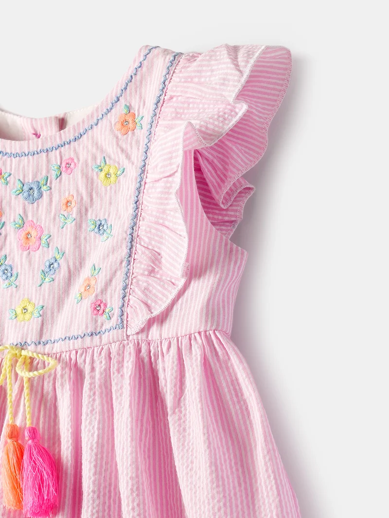 Nautinati  Girls' 100% Cotton All-over Striped & Floral Embroidered Ruffled Fit and Flare Dress with Tassels for Women | Best Price UAE